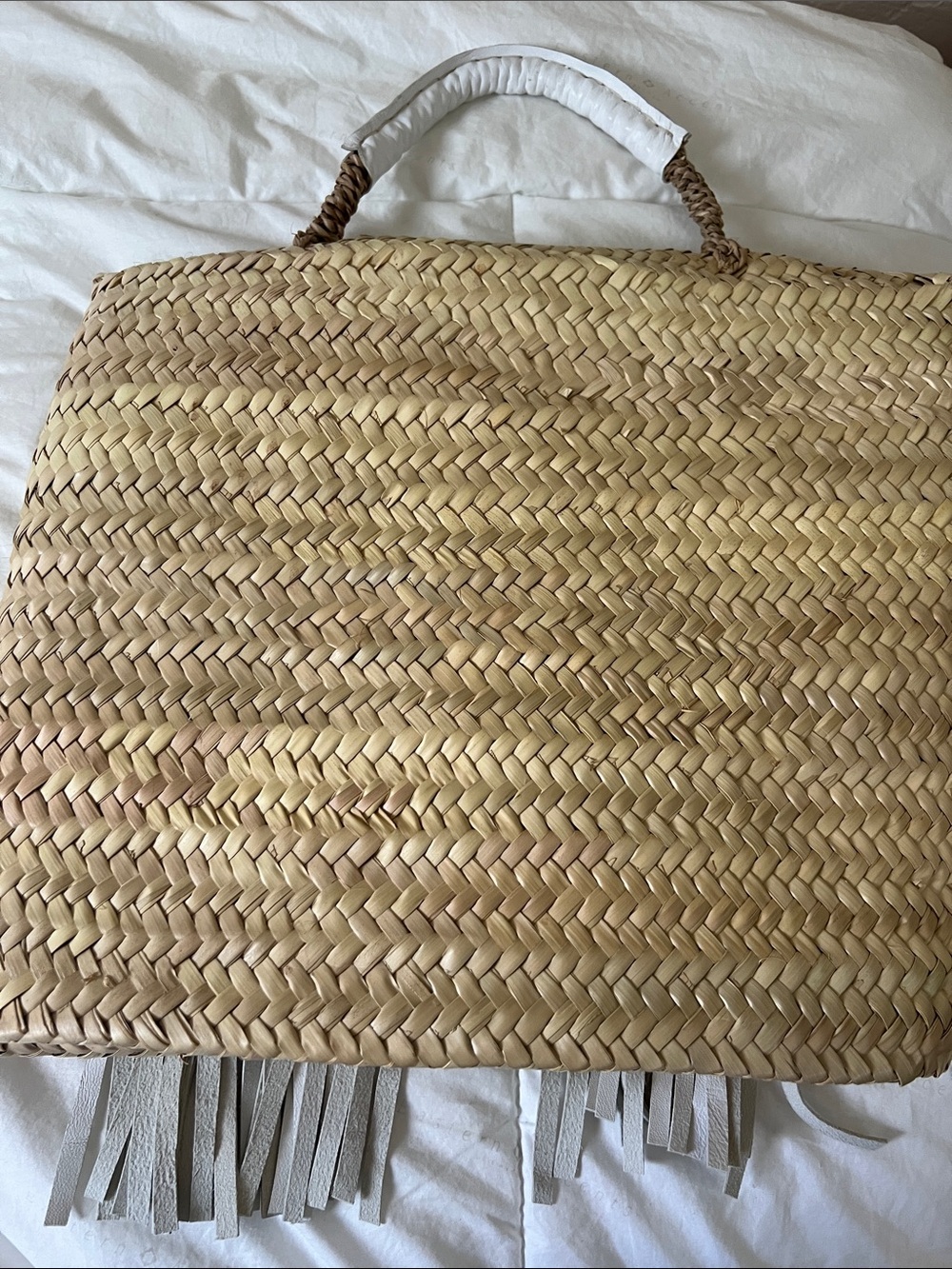 Market Basket NB000 Miami White Fringe Leather & Straw Tote - Picture 6 of 7